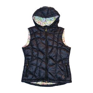 ISIS Womens 8 Goose Down Hooded Puffer Vest Navy Blue Outdoor Hiking Polka Dot